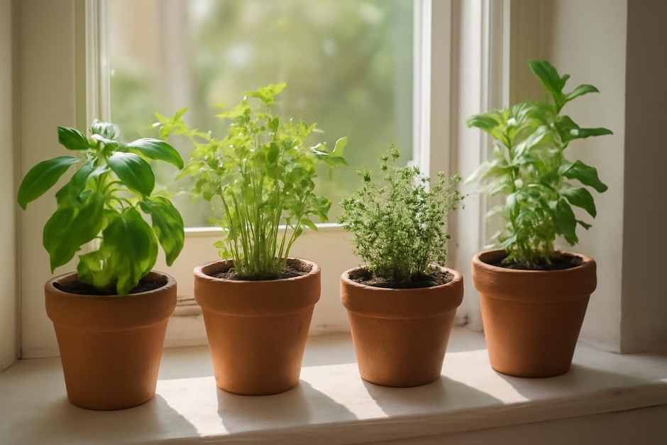 Small indoor herb pots on a sunny windowsill
